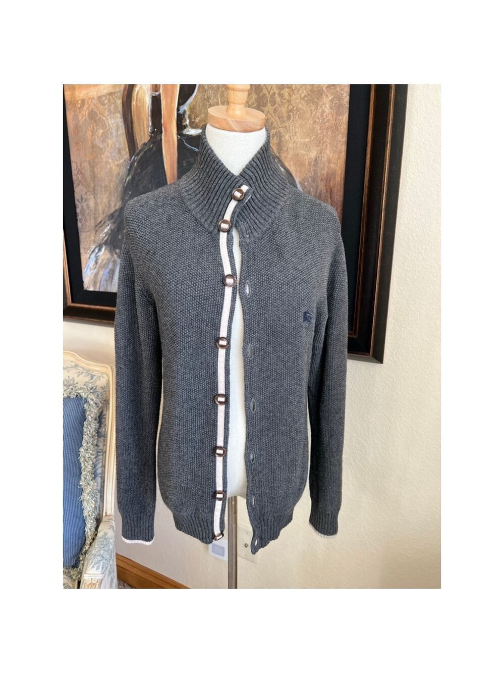 Burberry Black Label Gray Cardigan Size 2 /M with White Trim Japan Exclusivev